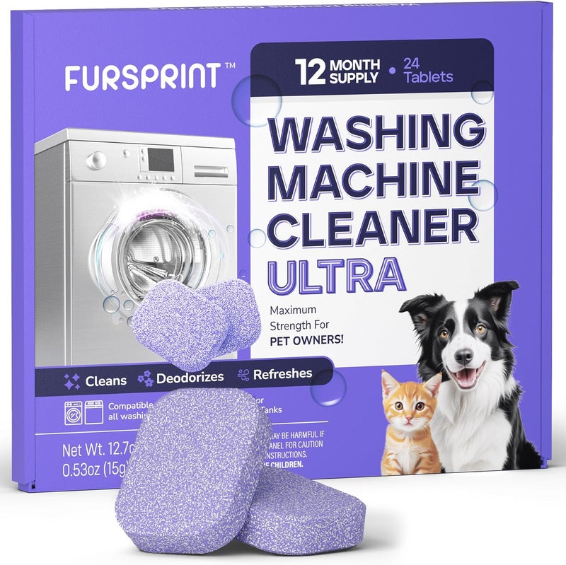 Fursprint Washing Machine Cleaner Tablets Ultra – 40% Stronger Formula: Designed for Pet Owners, Removes Residue, Grime & Odors, Compatible with HE, Top & Front Load, 24 Pack – 12 Month Supply - Image 1